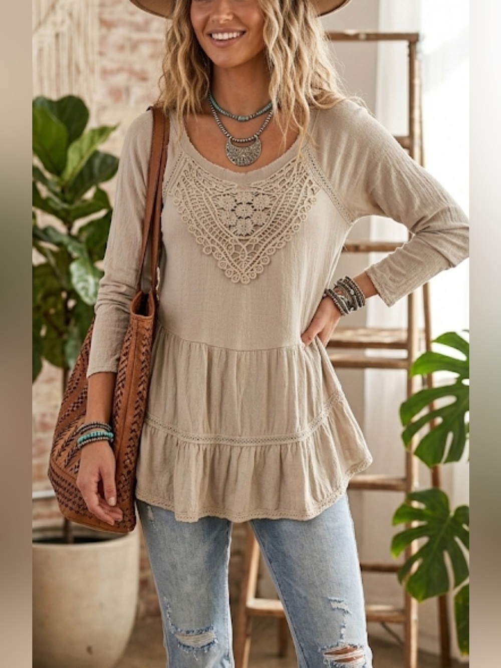 Meadow Rue Tan Cream Tiered Tunic Top XS